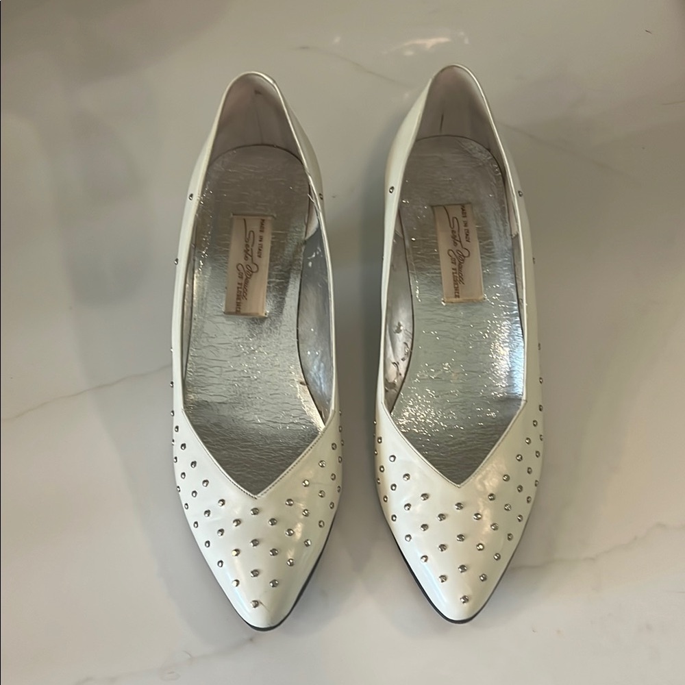Vintage Sesto Meucci White Silver Studded Heels